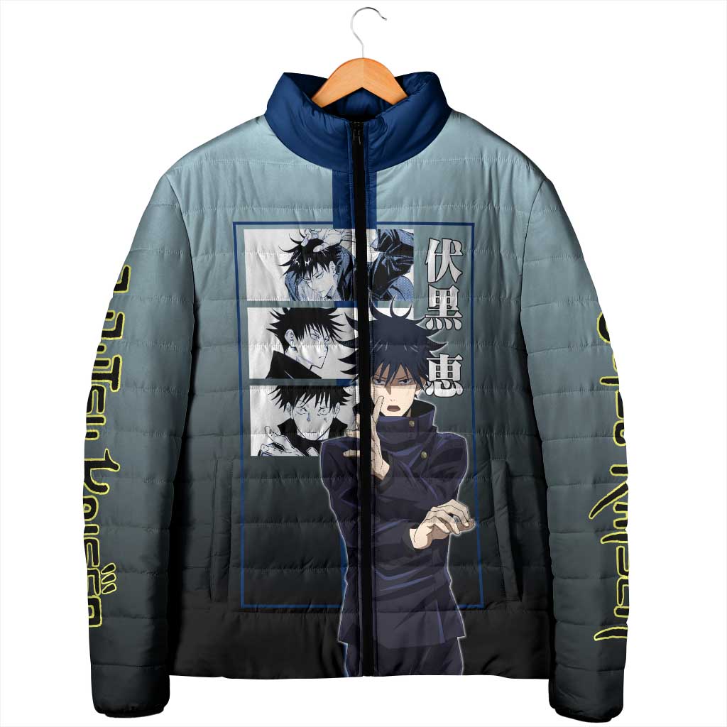 Megumi Fushiguro from Jujutsu Kaisen Padded Jacket with Dark Blue and Black Background and Multiple Poses Design - The Mazicc