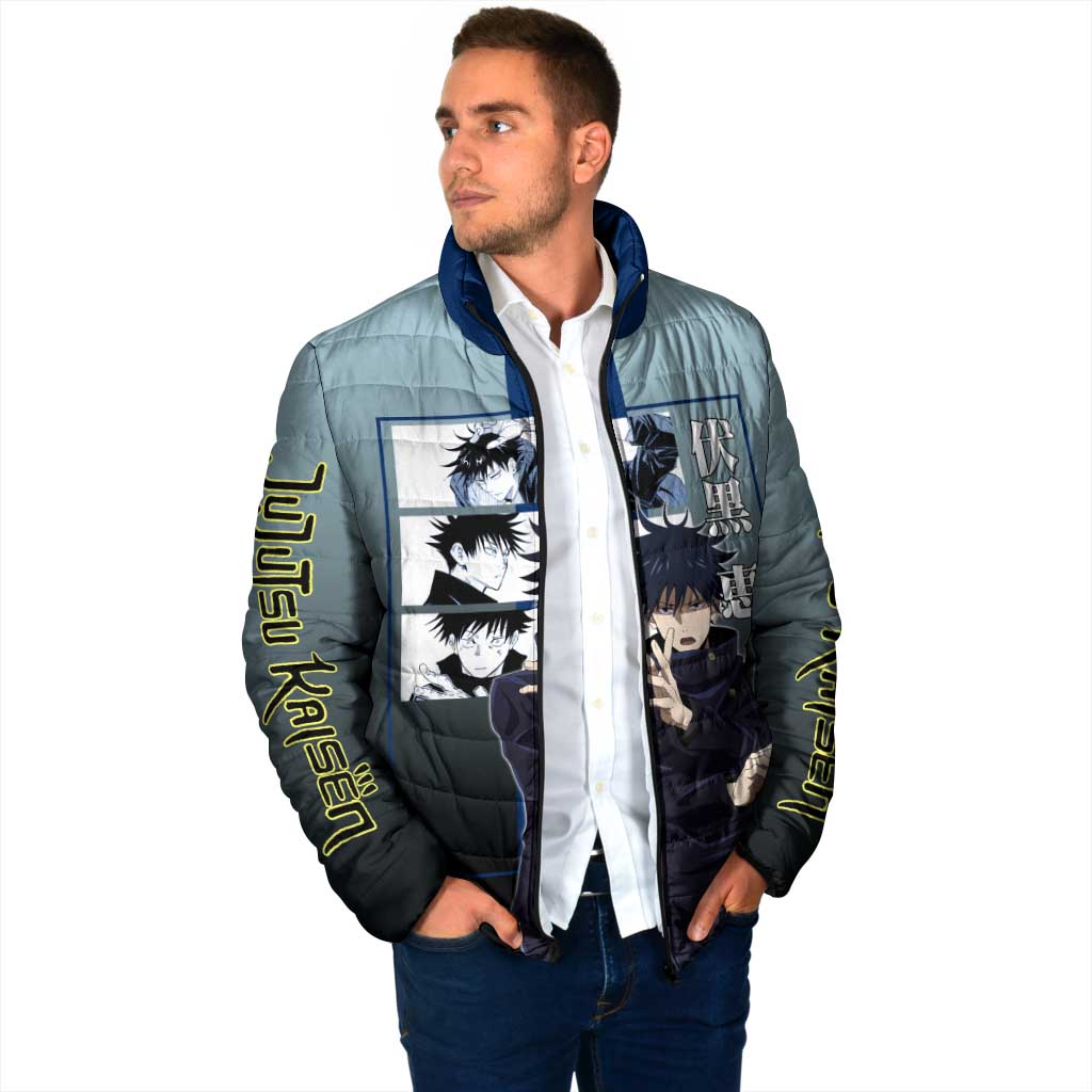 Megumi Fushiguro from Jujutsu Kaisen Padded Jacket with Dark Blue and Black Background and Multiple Poses Design - The Mazicc