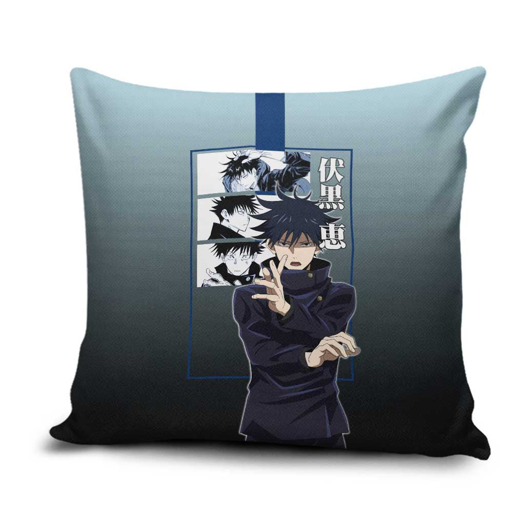 Megumi Fushiguro from Jujutsu Kaisen Pillow Cover with Dark Blue and Black Background and Multiple Poses Design - The Mazicc