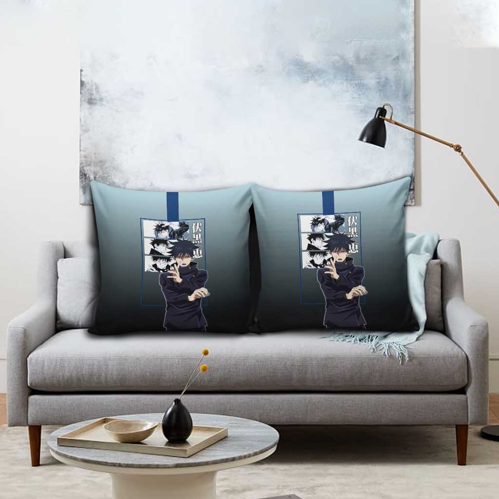 Megumi Fushiguro from Jujutsu Kaisen Pillow Cover with Dark Blue and Black Background and Multiple Poses Design - The Mazicc