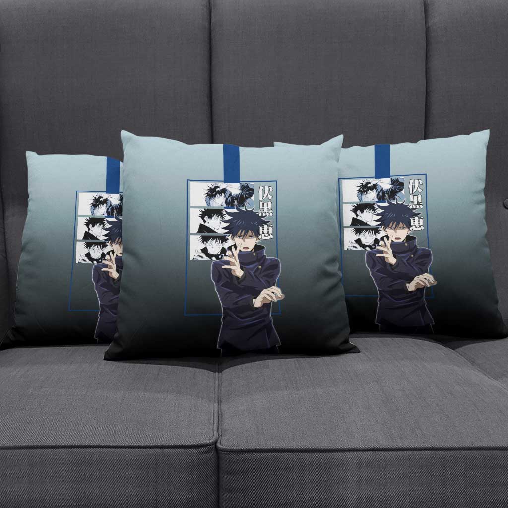 Megumi Fushiguro from Jujutsu Kaisen Pillow Cover with Dark Blue and Black Background and Multiple Poses Design - The Mazicc