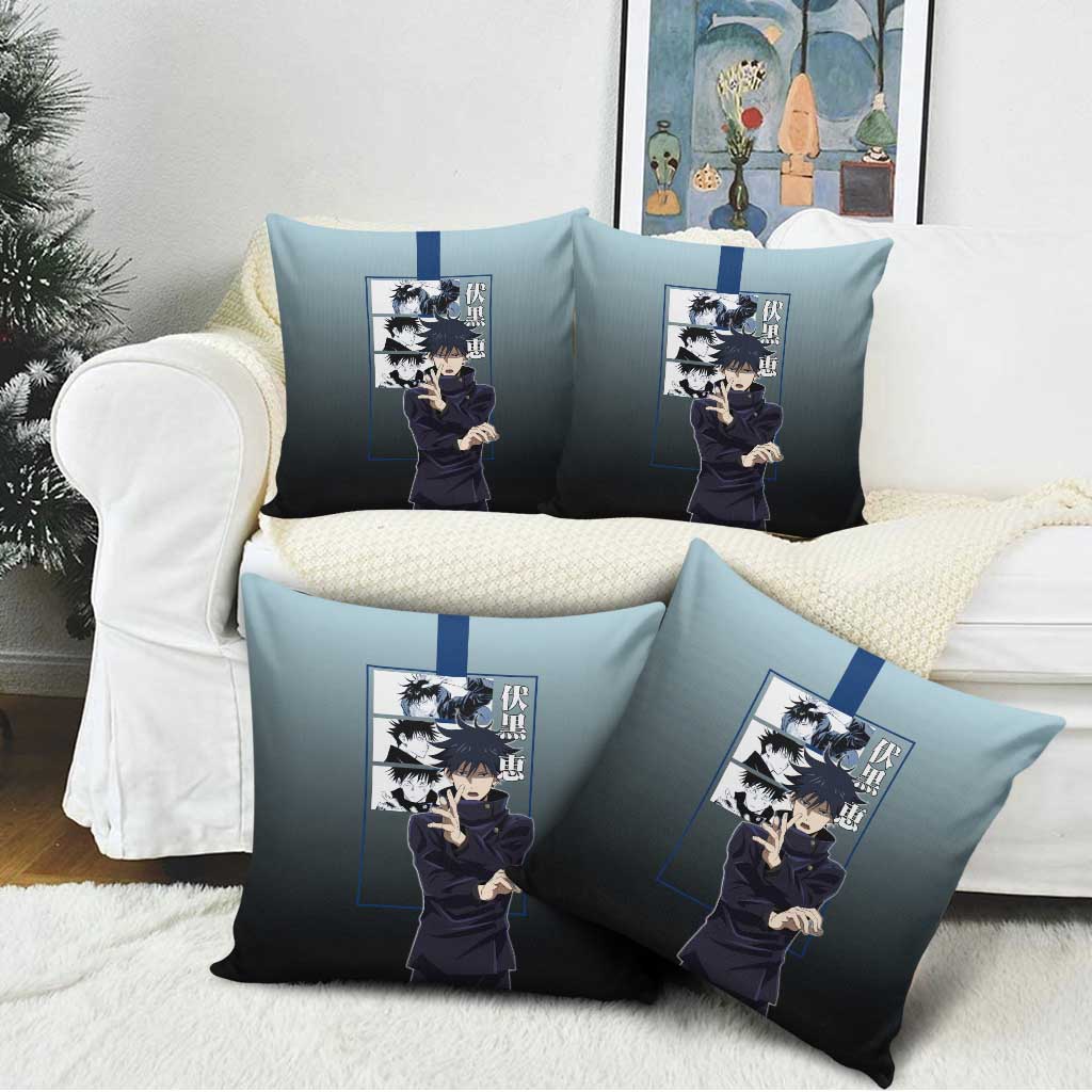 Megumi Fushiguro from Jujutsu Kaisen Pillow Cover with Dark Blue and Black Background and Multiple Poses Design - The Mazicc