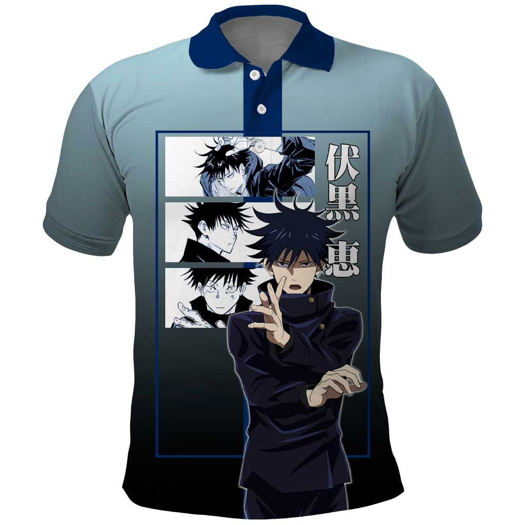 Megumi Fushiguro from Jujutsu Kaisen Polo Shirt with Dark Blue and Black Background and Multiple Poses Design - The Mazicc