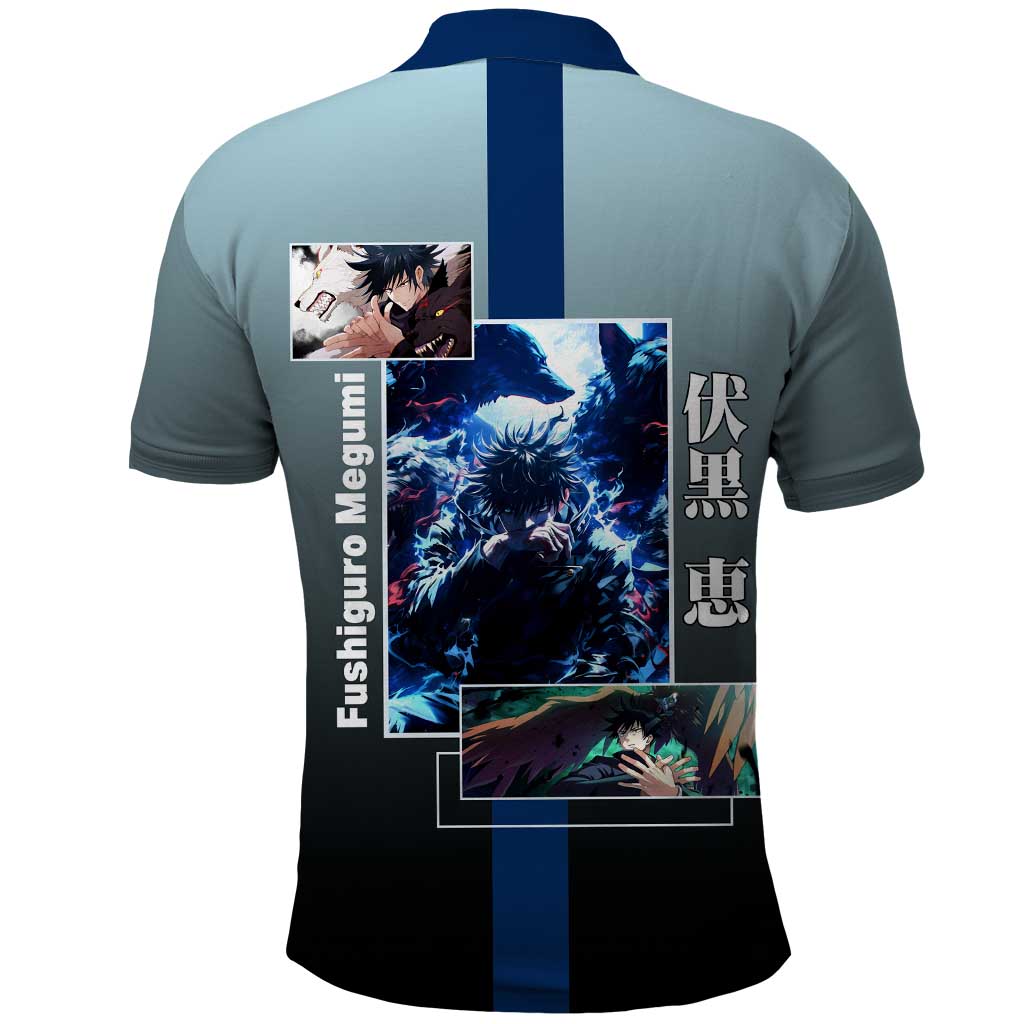 Megumi Fushiguro from Jujutsu Kaisen Polo Shirt with Dark Blue and Black Background and Multiple Poses Design - The Mazicc