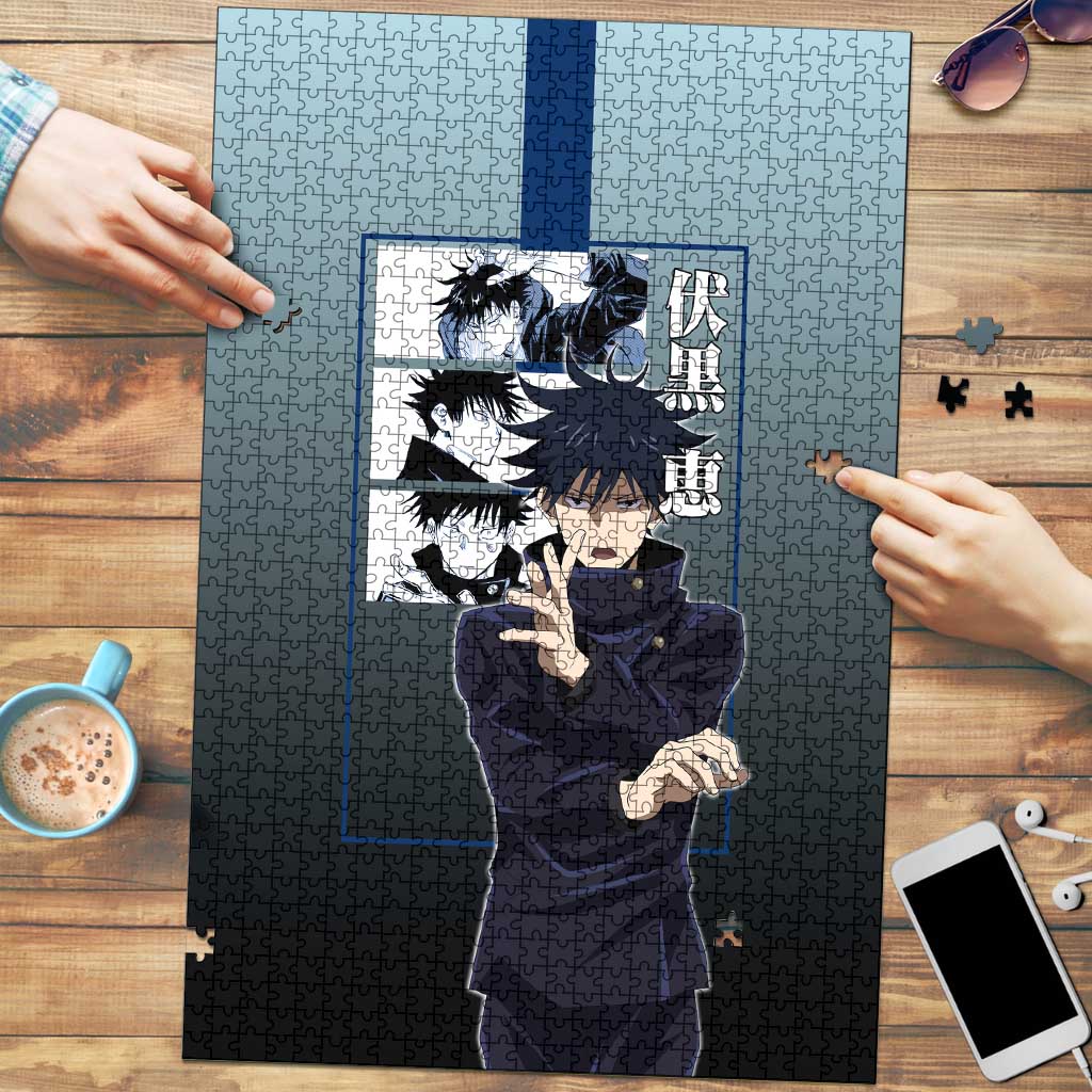 Megumi Fushiguro from Jujutsu Kaisen Puzzle with Dark Blue and Black Background and Multiple Poses Design - The Mazicc