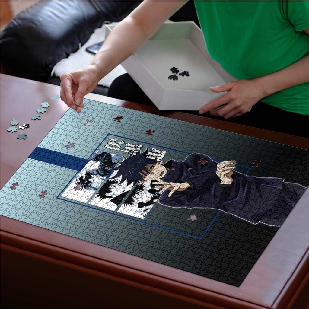 Megumi Fushiguro from Jujutsu Kaisen Puzzle with Dark Blue and Black Background and Multiple Poses Design - The Mazicc
