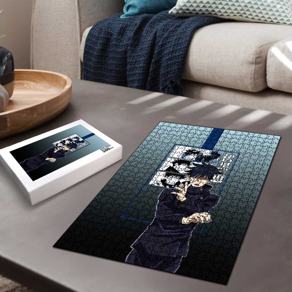 Megumi Fushiguro from Jujutsu Kaisen Puzzle with Dark Blue and Black Background and Multiple Poses Design - The Mazicc