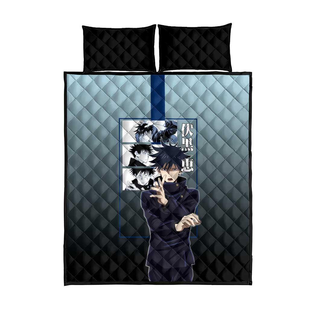 Megumi Fushiguro from Jujutsu Kaisen Quilt Bed Set with Dark Blue and Black Background and Multiple Poses Design - The Mazicc
