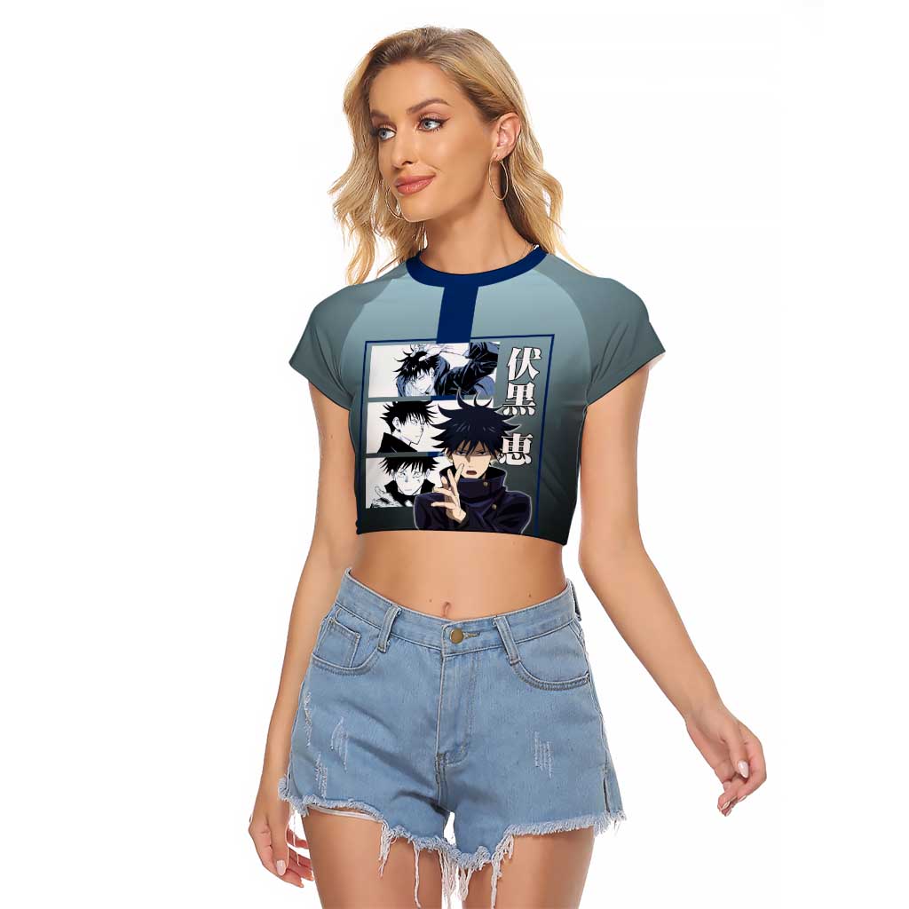 Megumi Fushiguro from Jujutsu Kaisen Raglan Cropped T Shirt with Dark Blue and Black Background and Multiple Poses Design - The Mazicc