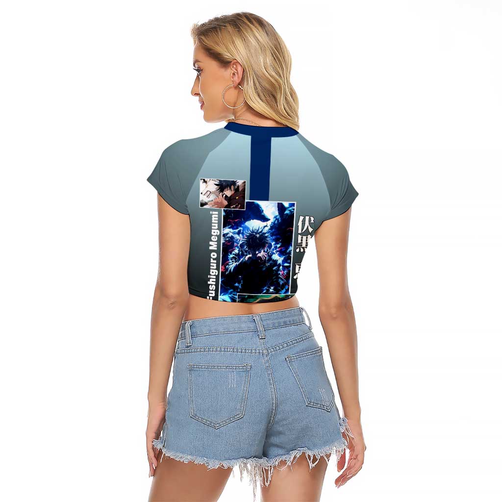 Megumi Fushiguro from Jujutsu Kaisen Raglan Cropped T Shirt with Dark Blue and Black Background and Multiple Poses Design - The Mazicc