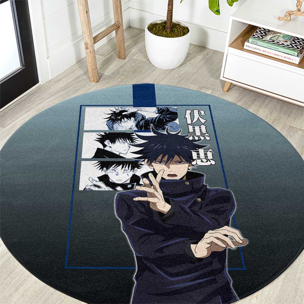 Megumi Fushiguro from Jujutsu Kaisen Round Carpet with Dark Blue and Black Background and Multiple Poses Design - The Mazicc