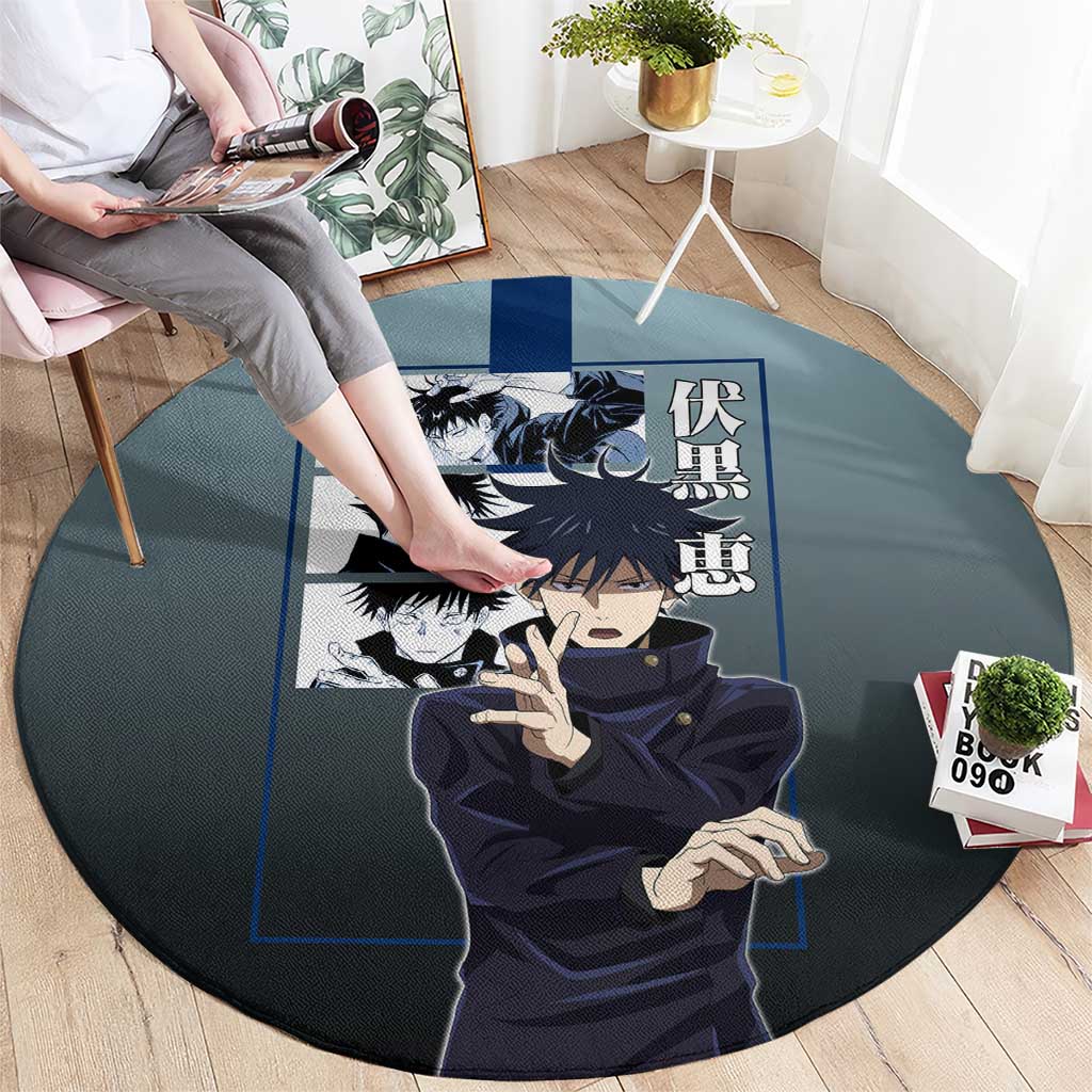 Megumi Fushiguro from Jujutsu Kaisen Round Carpet with Dark Blue and Black Background and Multiple Poses Design - The Mazicc