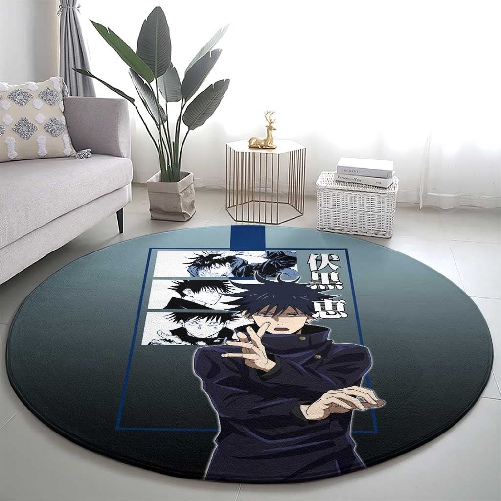 Megumi Fushiguro from Jujutsu Kaisen Round Carpet with Dark Blue and Black Background and Multiple Poses Design - The Mazicc