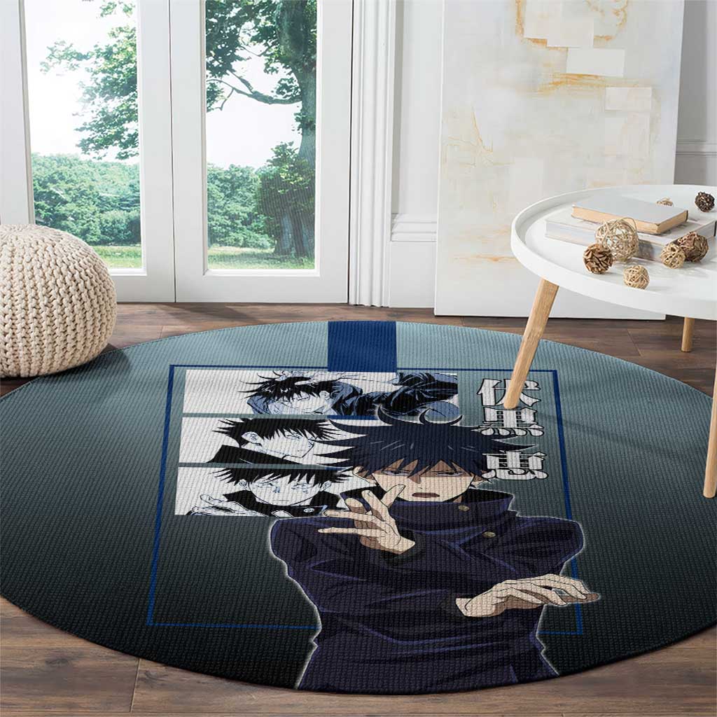 Megumi Fushiguro from Jujutsu Kaisen Round Carpet with Dark Blue and Black Background and Multiple Poses Design - The Mazicc