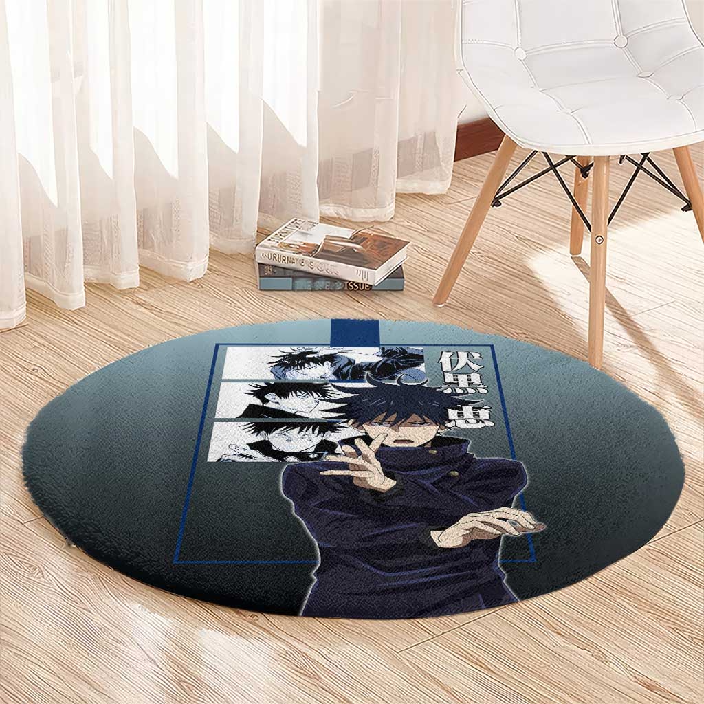 Megumi Fushiguro from Jujutsu Kaisen Round Carpet with Dark Blue and Black Background and Multiple Poses Design - The Mazicc