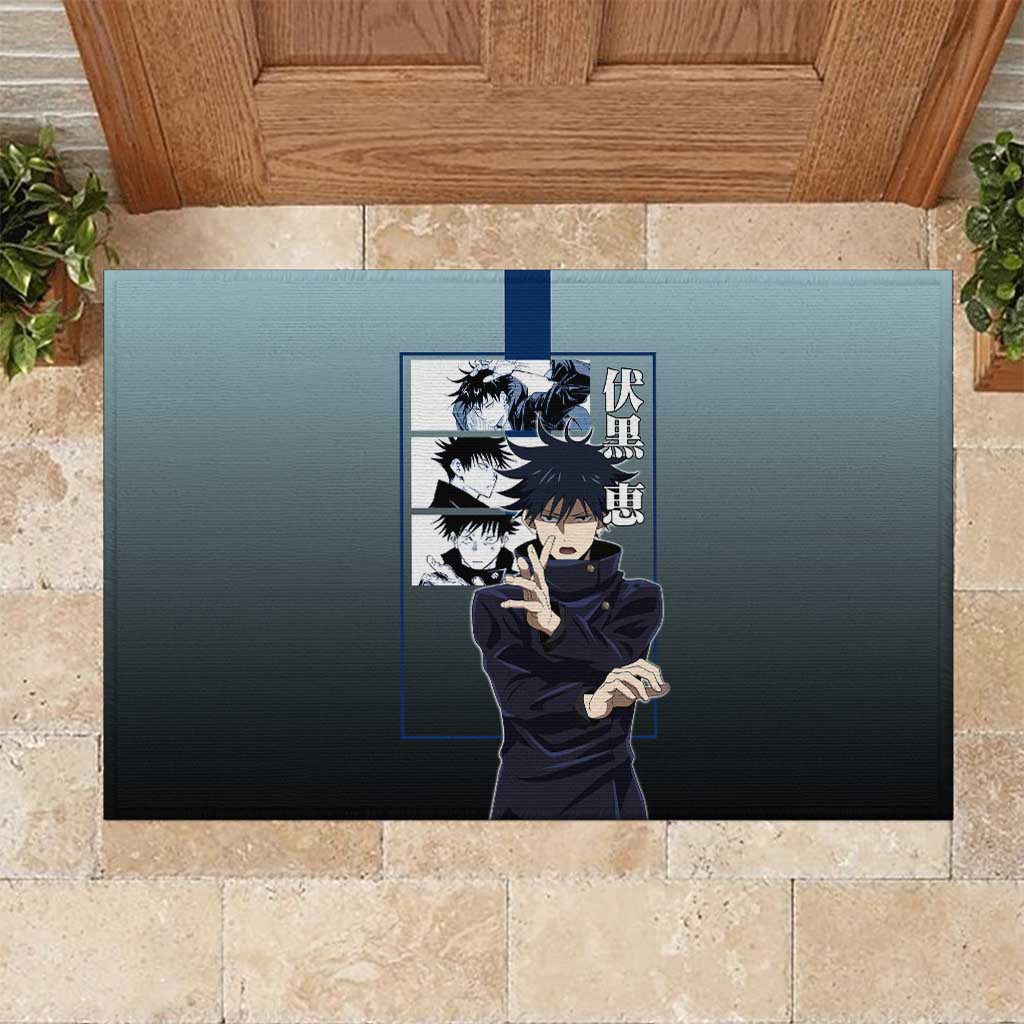Megumi Fushiguro from Jujutsu Kaisen Rubber Doormat with Dark Blue and Black Background and Multiple Poses Design - The Mazicc