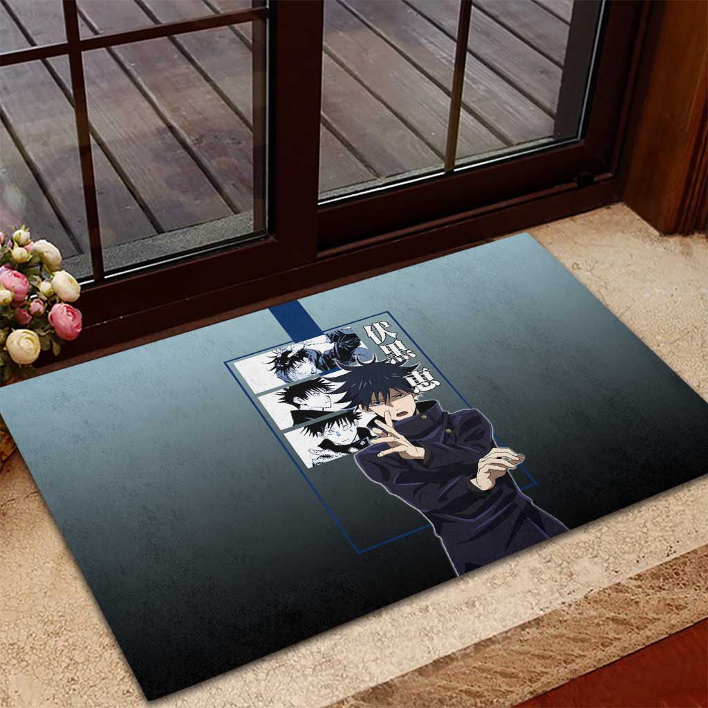 Megumi Fushiguro from Jujutsu Kaisen Rubber Doormat with Dark Blue and Black Background and Multiple Poses Design - The Mazicc