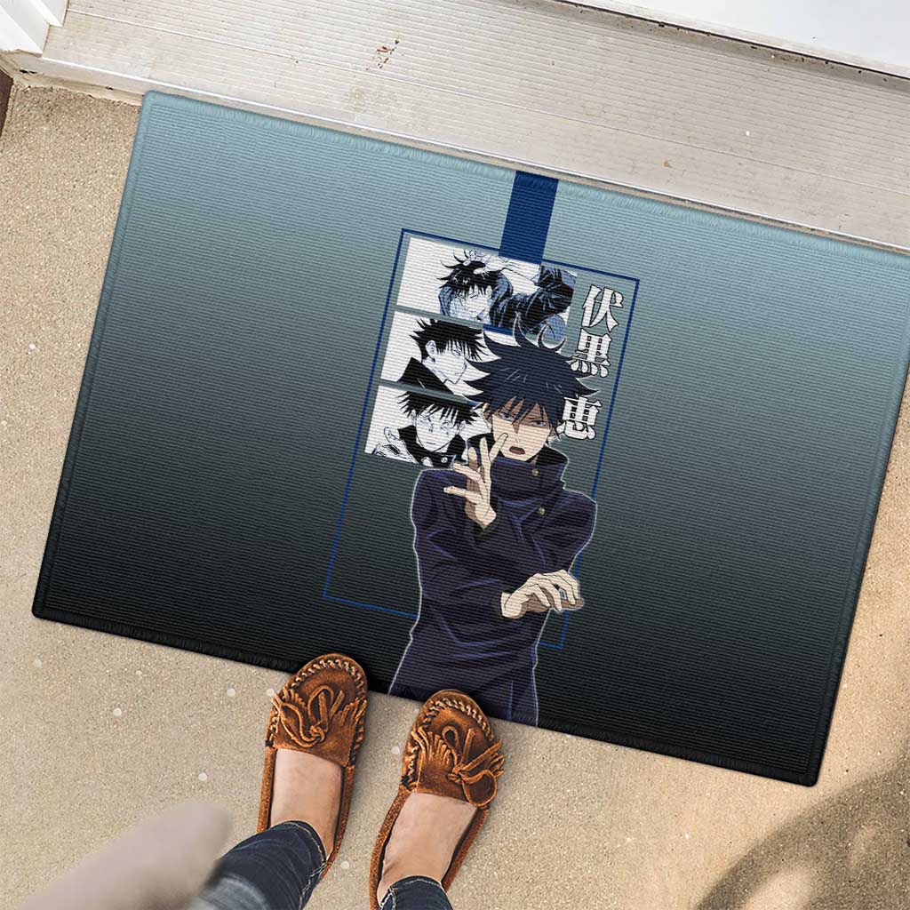 Megumi Fushiguro from Jujutsu Kaisen Rubber Doormat with Dark Blue and Black Background and Multiple Poses Design - The Mazicc