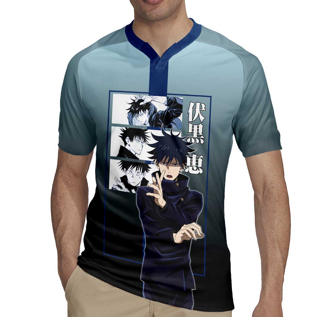 Megumi Fushiguro from Jujutsu Kaisen Rugby Jersey with Dark Blue and Black Background and Multiple Poses Design - The Mazicc