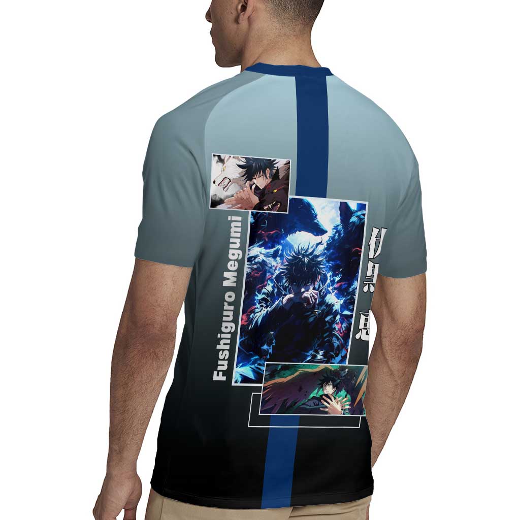 Megumi Fushiguro from Jujutsu Kaisen Rugby Jersey with Dark Blue and Black Background and Multiple Poses Design - The Mazicc