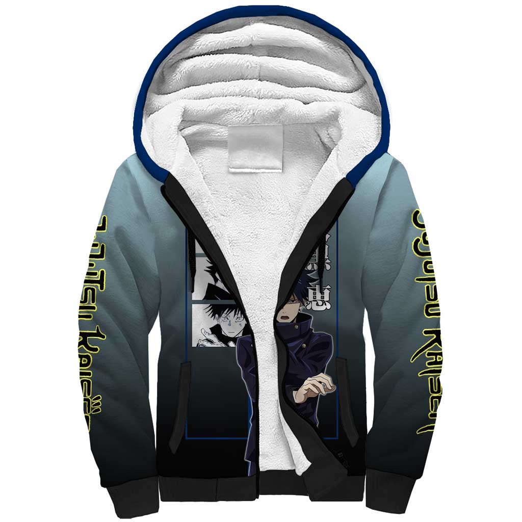Megumi Fushiguro from Jujutsu Kaisen Sherpa Hoodie with Dark Blue and Black Background and Multiple Poses Design - The Mazicc