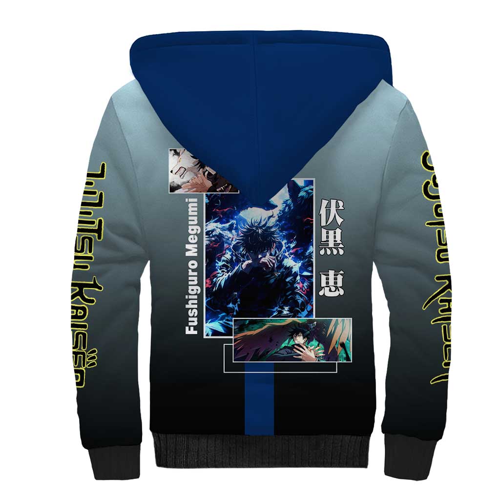 Megumi Fushiguro from Jujutsu Kaisen Sherpa Hoodie with Dark Blue and Black Background and Multiple Poses Design - The Mazicc