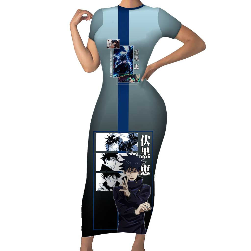 Megumi Fushiguro from Jujutsu Kaisen Short Sleeve Bodycon Dress with Dark Blue and Black Background and Multiple Poses Design - The Mazicc
