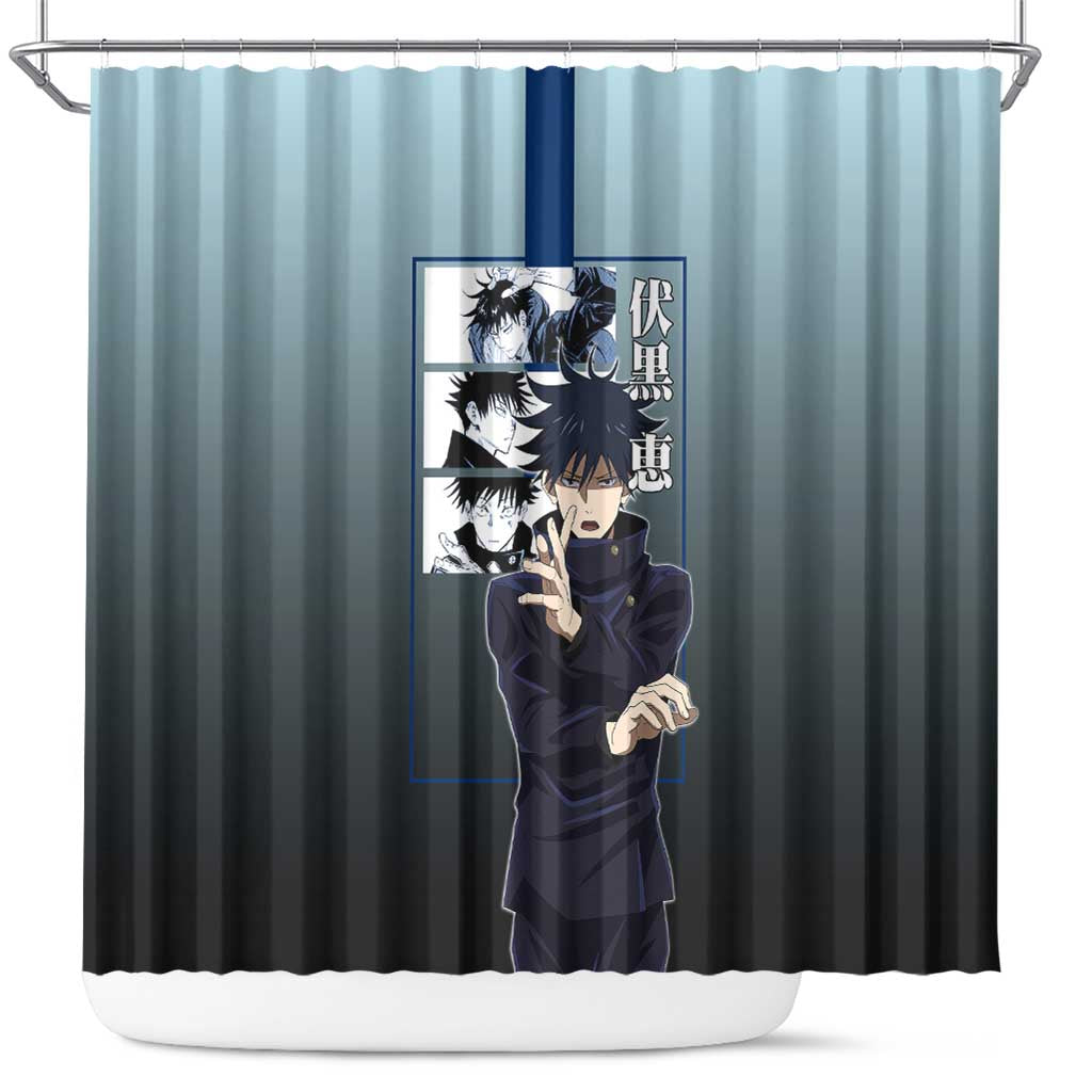 Megumi Fushiguro from Jujutsu Kaisen Shower Curtain with Dark Blue and Black Background and Multiple Poses Design - The Mazicc