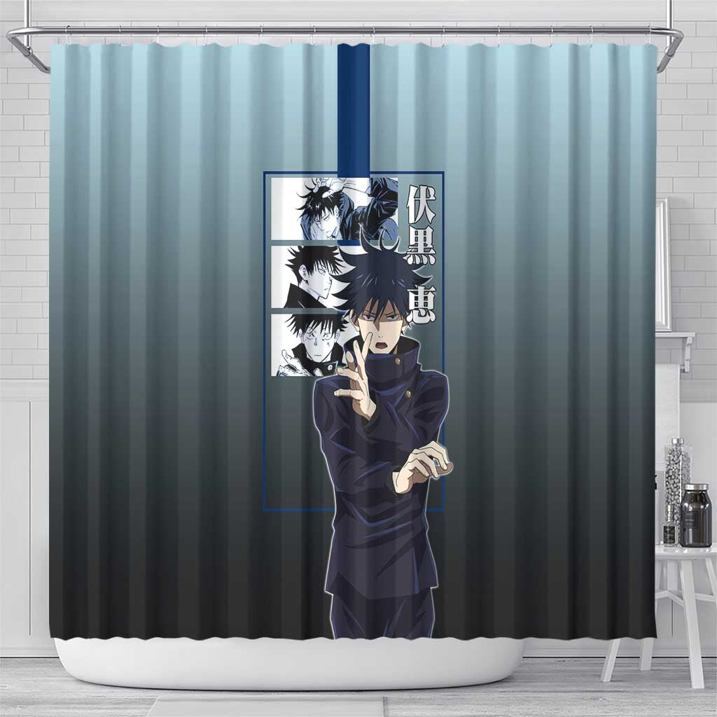 Megumi Fushiguro from Jujutsu Kaisen Shower Curtain with Dark Blue and Black Background and Multiple Poses Design - The Mazicc