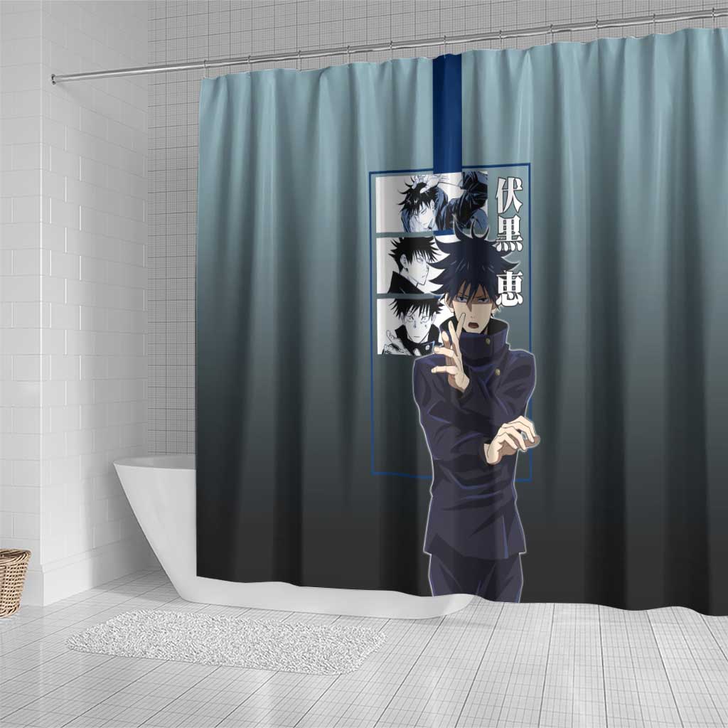 Megumi Fushiguro from Jujutsu Kaisen Shower Curtain with Dark Blue and Black Background and Multiple Poses Design - The Mazicc