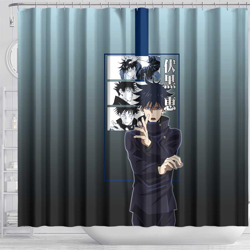 Megumi Fushiguro from Jujutsu Kaisen Shower Curtain with Dark Blue and Black Background and Multiple Poses Design - The Mazicc