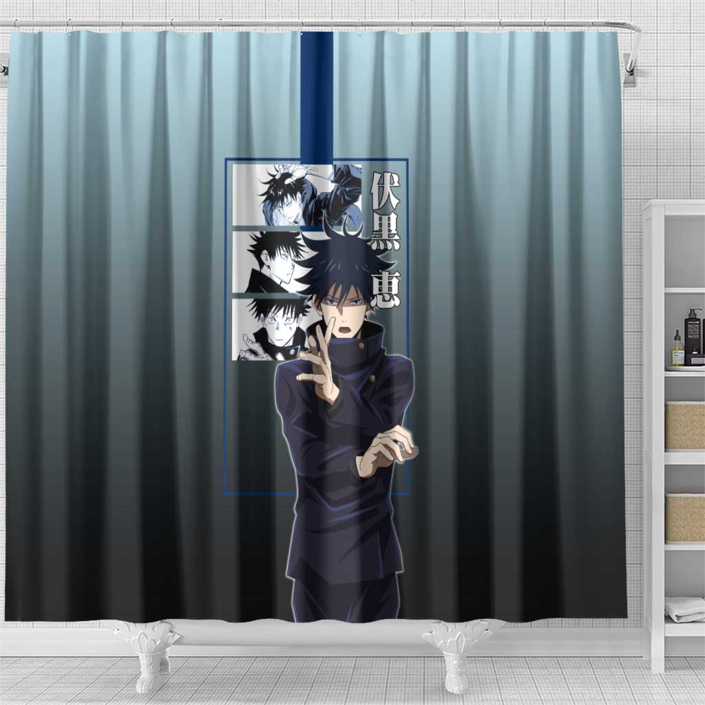 Megumi Fushiguro from Jujutsu Kaisen Shower Curtain with Dark Blue and Black Background and Multiple Poses Design - The Mazicc