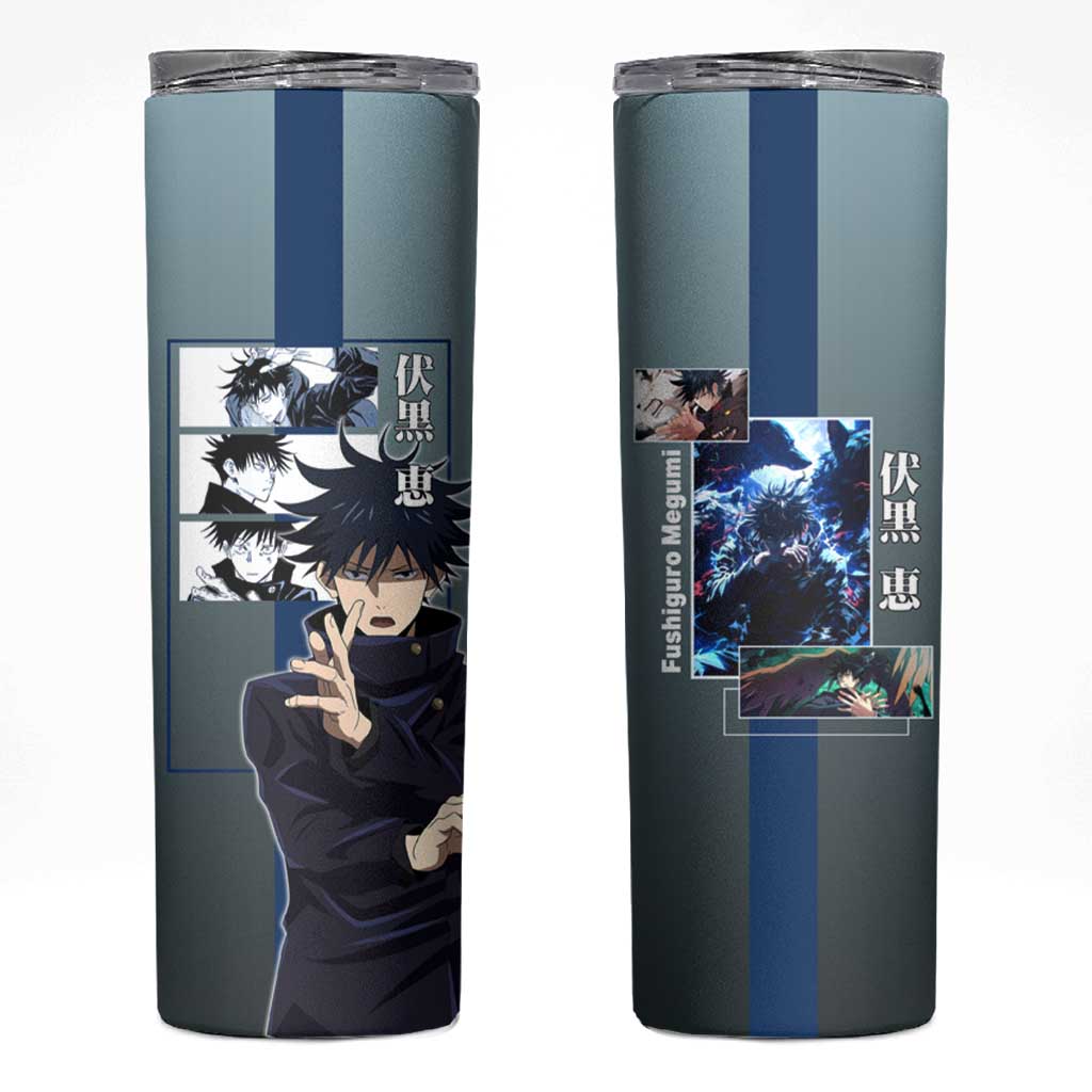 Megumi Fushiguro from Jujutsu Kaisen Skinny Tumbler with Dark Blue and Black Background and Multiple Poses Design - The Mazicc