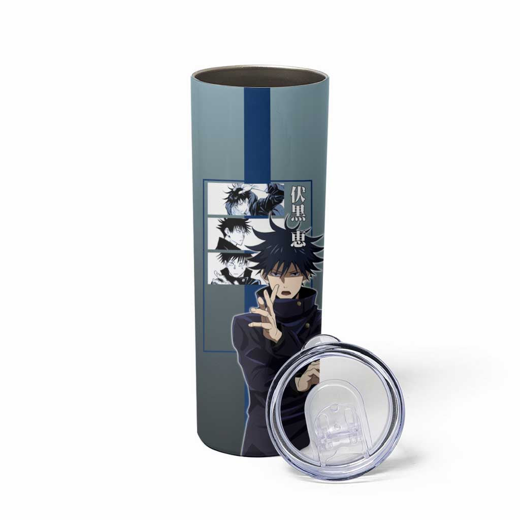 Megumi Fushiguro from Jujutsu Kaisen Skinny Tumbler with Dark Blue and Black Background and Multiple Poses Design - The Mazicc