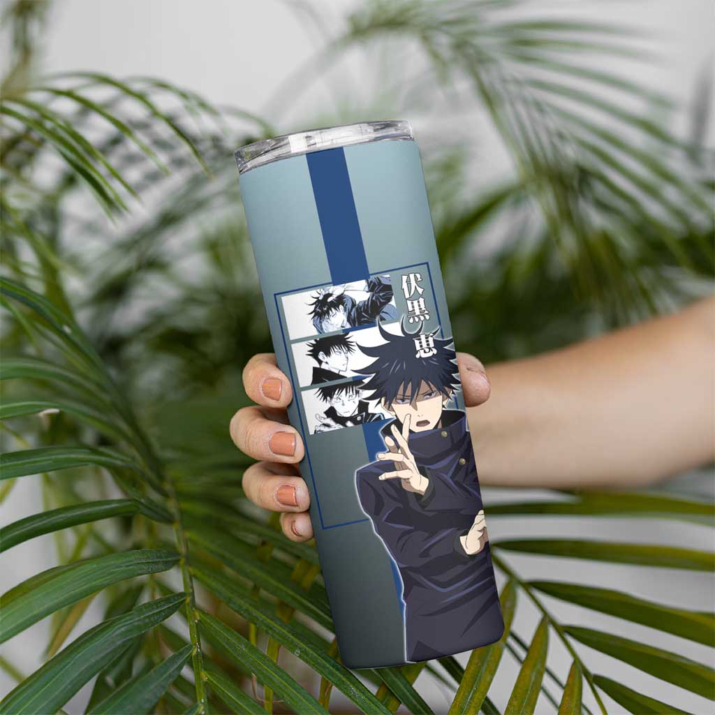 Megumi Fushiguro from Jujutsu Kaisen Skinny Tumbler with Dark Blue and Black Background and Multiple Poses Design - The Mazicc