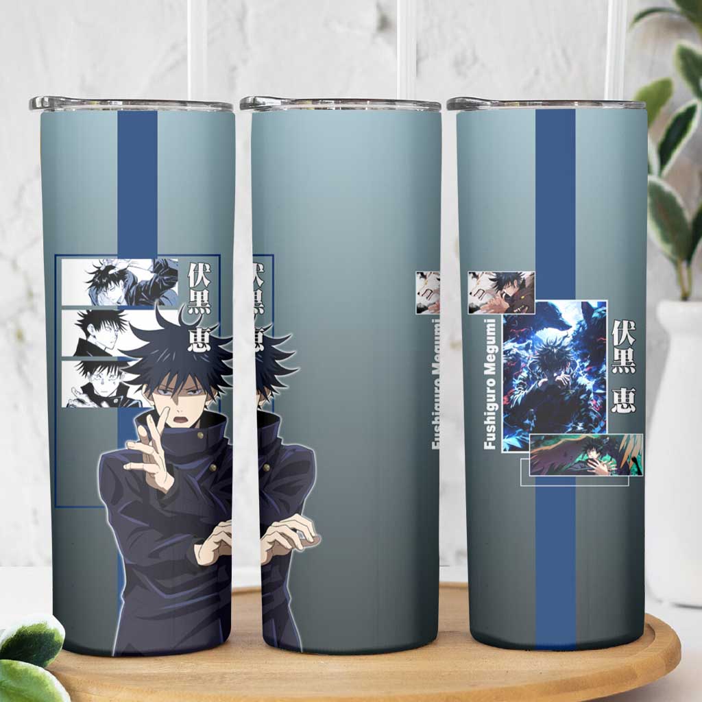 Megumi Fushiguro from Jujutsu Kaisen Skinny Tumbler with Dark Blue and Black Background and Multiple Poses Design - The Mazicc