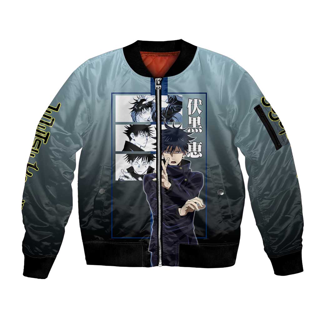Megumi Fushiguro from Jujutsu Kaisen Sleeve Zip Bomber Jacket with Dark Blue and Black Background and Multiple Poses Design - The Mazicc