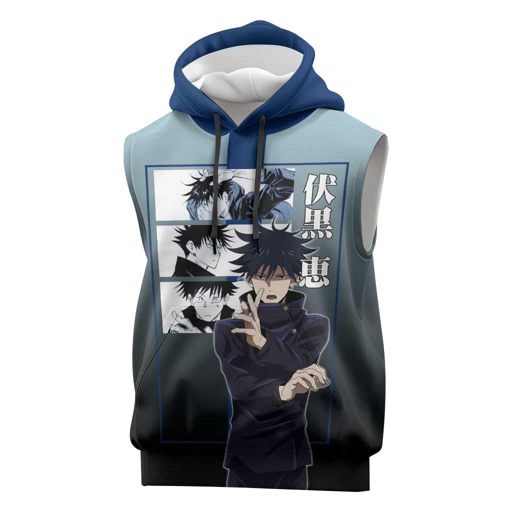Megumi Fushiguro from Jujutsu Kaisen Sleeveless Hoodie with Dark Blue and Black Background and Multiple Poses Design - The Mazicc