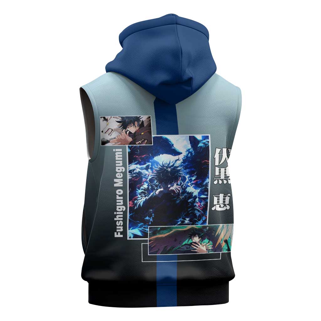 Megumi Fushiguro from Jujutsu Kaisen Sleeveless Hoodie with Dark Blue and Black Background and Multiple Poses Design - The Mazicc