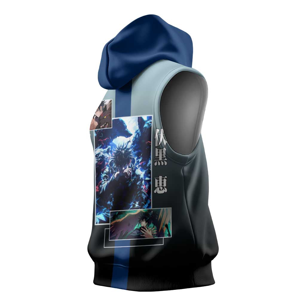 Megumi Fushiguro from Jujutsu Kaisen Sleeveless Hoodie with Dark Blue and Black Background and Multiple Poses Design - The Mazicc