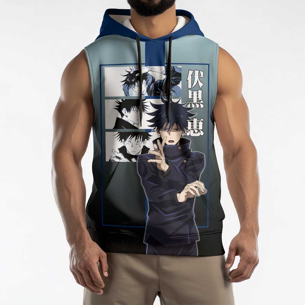 Megumi Fushiguro from Jujutsu Kaisen Sleeveless Hoodie with Dark Blue and Black Background and Multiple Poses Design - The Mazicc