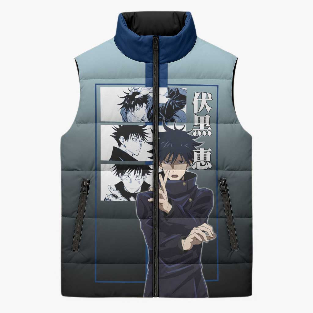 Megumi Fushiguro from Jujutsu Kaisen Sleeveless Puffer Jacket with Dark Blue and Black Background and Multiple Poses Design - The Mazicc