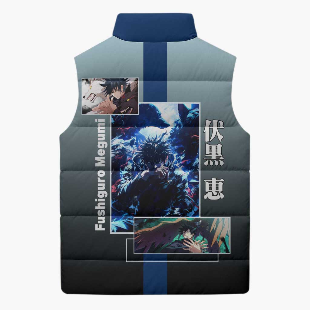 Megumi Fushiguro from Jujutsu Kaisen Sleeveless Puffer Jacket with Dark Blue and Black Background and Multiple Poses Design - The Mazicc