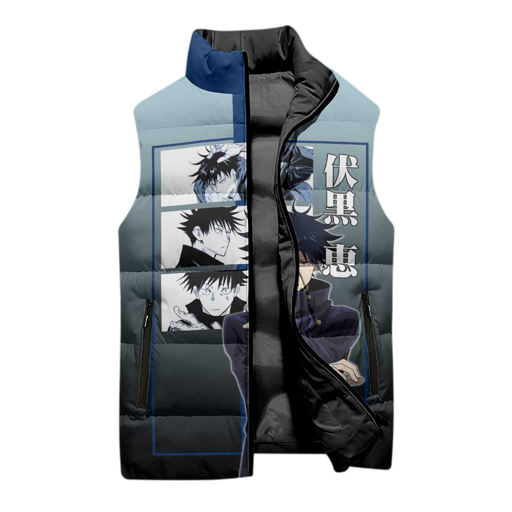 Megumi Fushiguro from Jujutsu Kaisen Sleeveless Puffer Jacket with Dark Blue and Black Background and Multiple Poses Design - The Mazicc