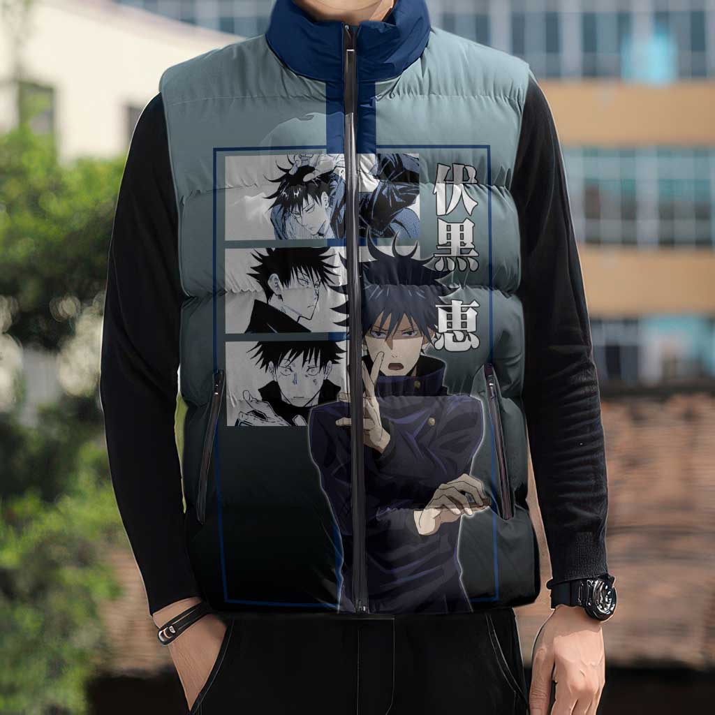 Megumi Fushiguro from Jujutsu Kaisen Sleeveless Puffer Jacket with Dark Blue and Black Background and Multiple Poses Design - The Mazicc