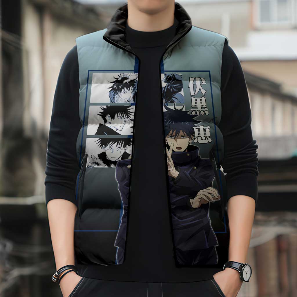 Megumi Fushiguro from Jujutsu Kaisen Sleeveless Puffer Jacket with Dark Blue and Black Background and Multiple Poses Design - The Mazicc