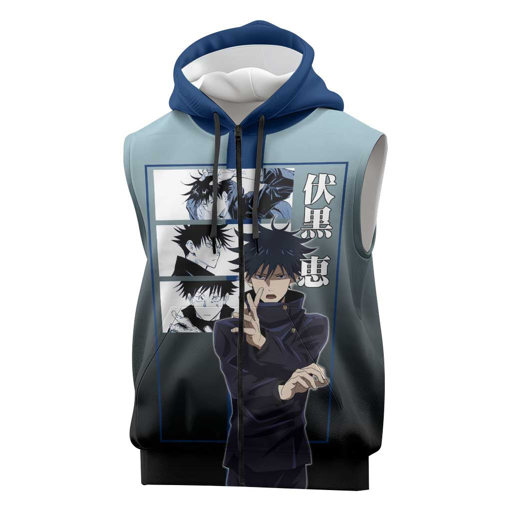 Megumi Fushiguro from Jujutsu Kaisen Sleeveless Zip Hoodie with Dark Blue and Black Background and Multiple Poses Design - The Mazicc