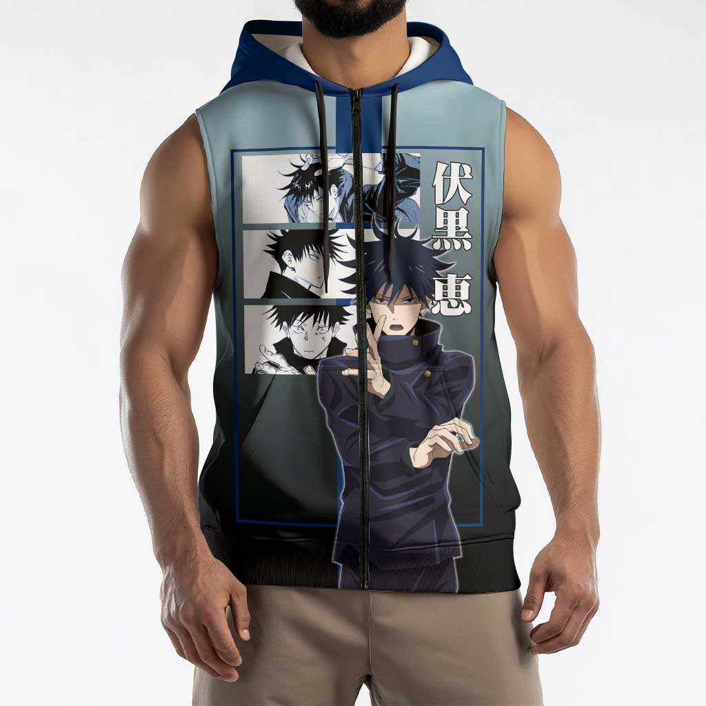 Megumi Fushiguro from Jujutsu Kaisen Sleeveless Zip Hoodie with Dark Blue and Black Background and Multiple Poses Design - The Mazicc
