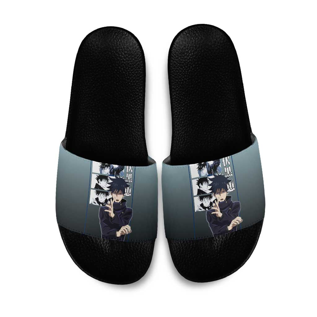 Megumi Fushiguro from Jujutsu Kaisen Slide Sandals with Dark Blue and Black Background and Multiple Poses Design - The Mazicc