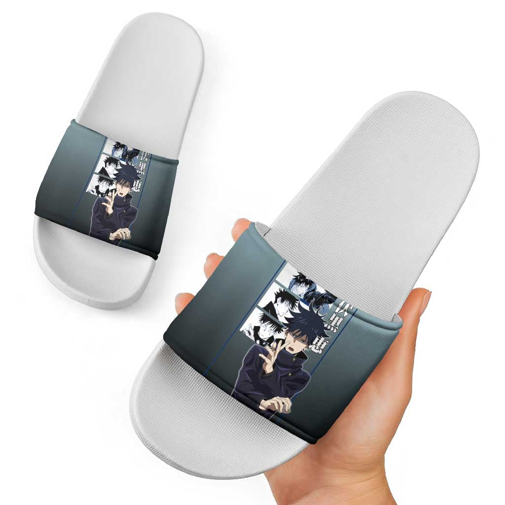 Megumi Fushiguro from Jujutsu Kaisen Slide Sandals with Dark Blue and Black Background and Multiple Poses Design - The Mazicc